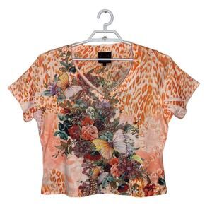 Vtg FRENCH BLUE Orange Boxy Tee Butterfly Rhinestone Cheetah Y2K Fairy Sz 1X‎